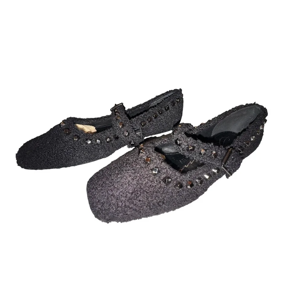 NWT Vintage Havana Impress 3 Mary Jane Women Black Boucle Studded Flats 8.5